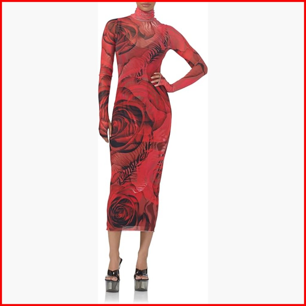 Fitted Midi Dress With Turtleneck Long Sleeves And Removable Slip